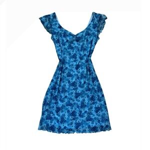 Vtg sleeveless blue floral lettuce hem sweetheart neckline mini dress formal M